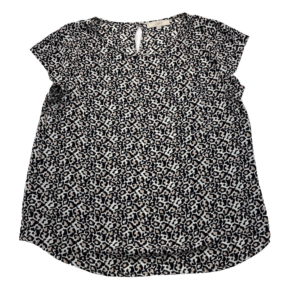 LOFT Leopard Print Blouse Womens Size L Short Sleeve Keyhole Back Top